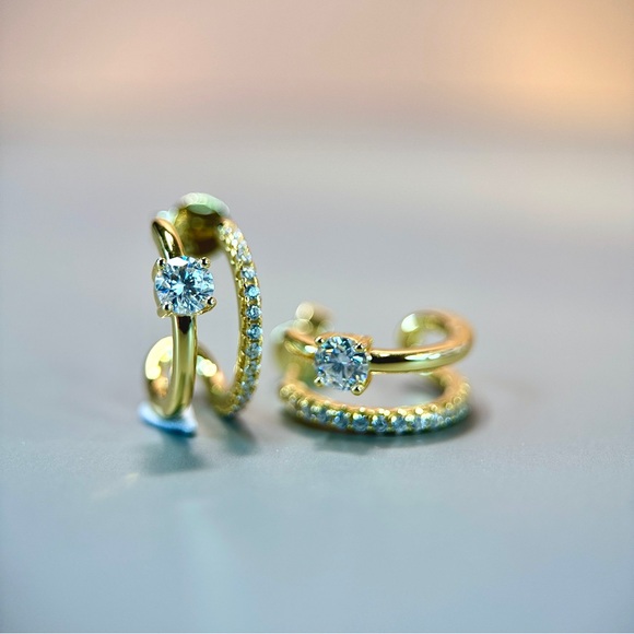 Jewelry - G Shape Stacked Huggies Hoop Earrings Moissanite S925 14K Plate